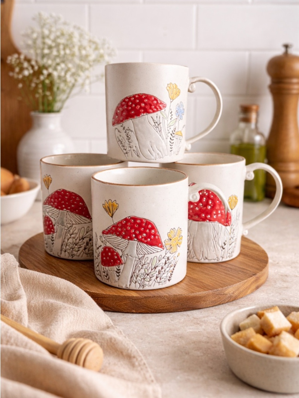 4 Mushroom Cottagecore Mugs | Spectrum Designz | Rustic Farmhouse Coffee Cups